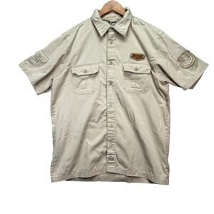 Avirex Short Sleeve Button Up Shirt Tan Flight Club Patch Embroidery Designer M